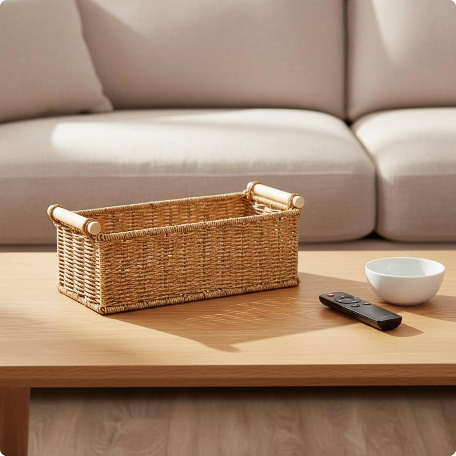 Rectangular Storage Basket Reinforced Rim Rattandesign Basket Woven Household Organizer L Wood Handle-image-48