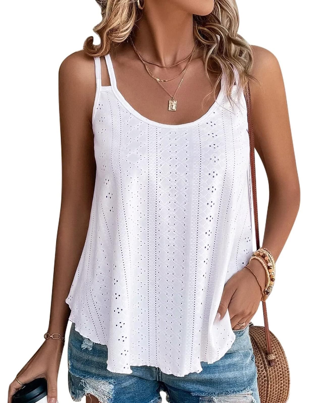RIROW Womens Tank Tops Eyelet Embroidary Sleeveless Spaghetti Strap Casual Boho Cami S-3XL