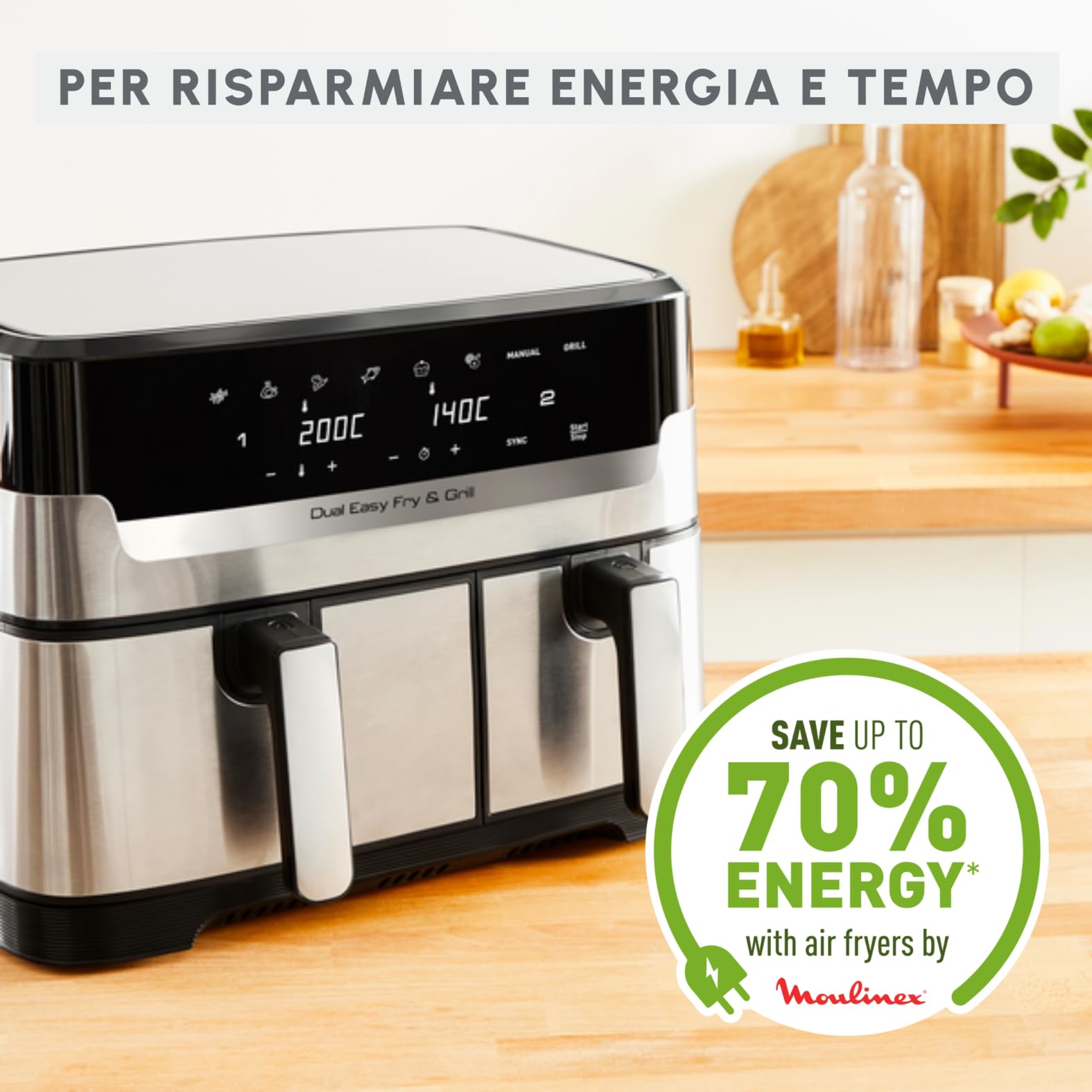Moulinex Dual Easy Fry & Grill, Capacità 8,3 L, Doppio Cestello, Combinazione Di Friggitrice Ad Aria E Griglia, Pasto Completo Per La Famiglia, Meno