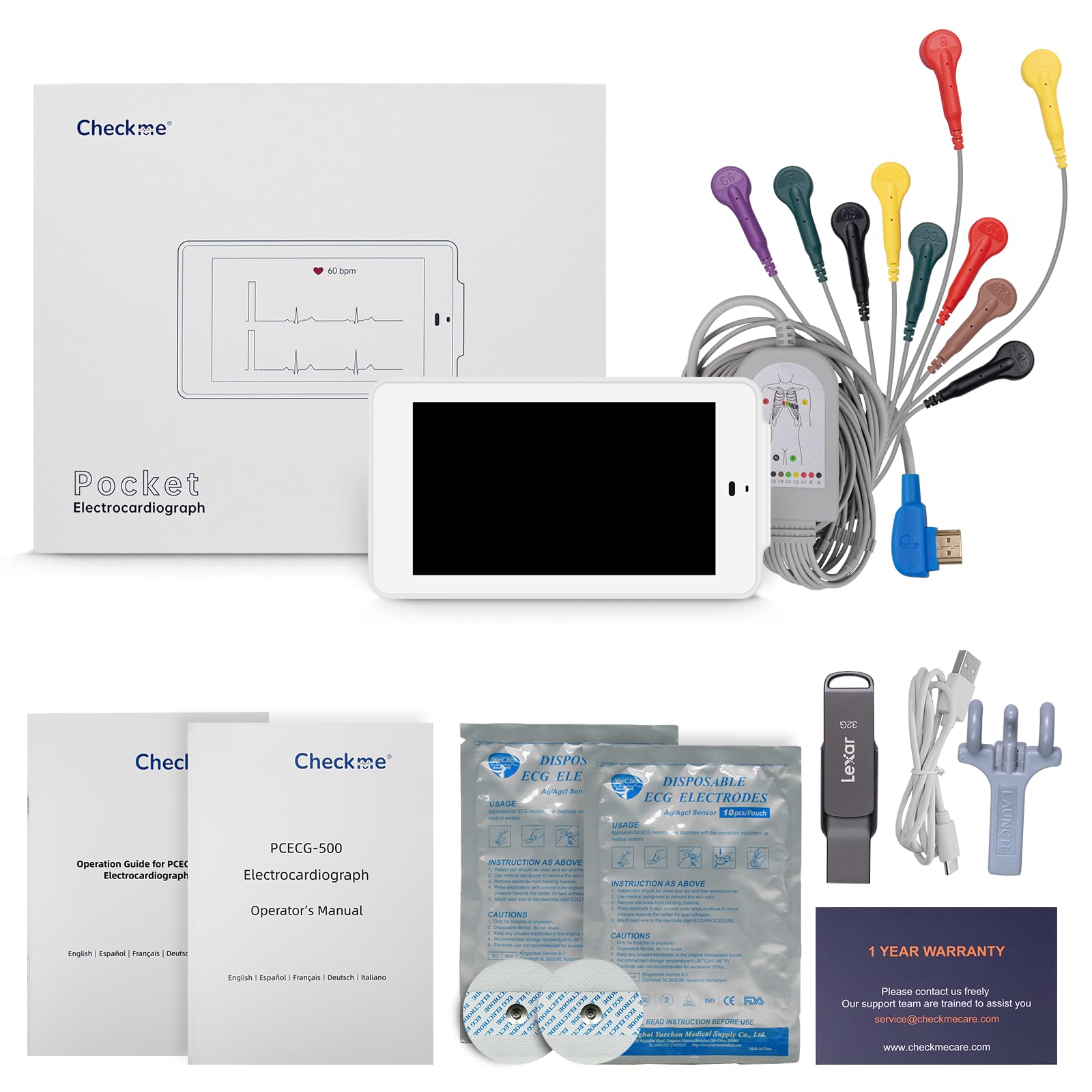 CheckMe ECG profesional de 12 derivaciones, ECG digital con algoritmo de Glasgow, adquisición y análisis de datos de ECG en tiempo real, transferencia de datos por WIFI e impresión de informes