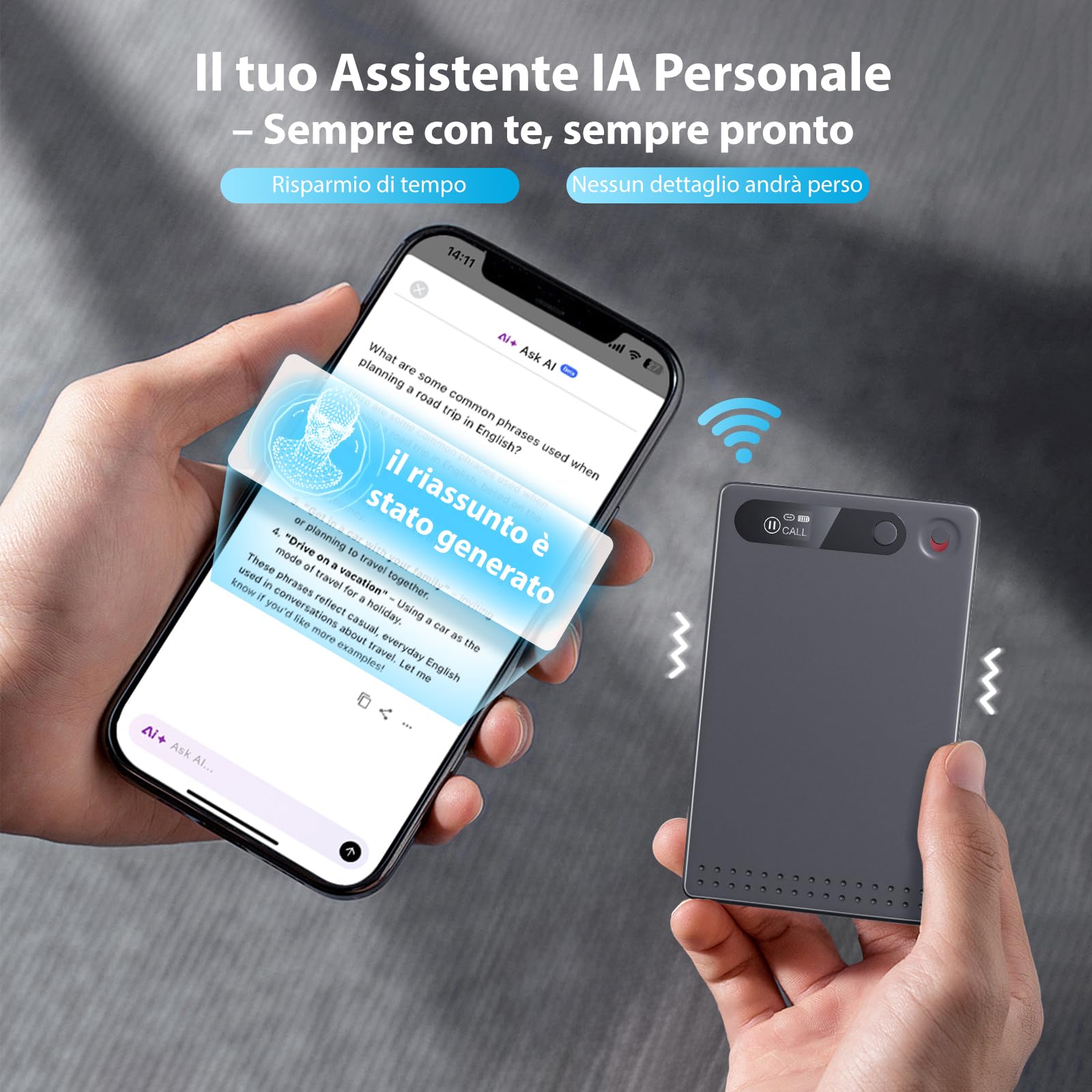 Registratore Vocale AI, 64 GB di Memoria, Controllo App, Trascrizione e Sintesi AI,Supporta 118 Lingue, Ultra Sottile e Leggero, Registratore Audio per Riunioni, Lezioni, Telefonate