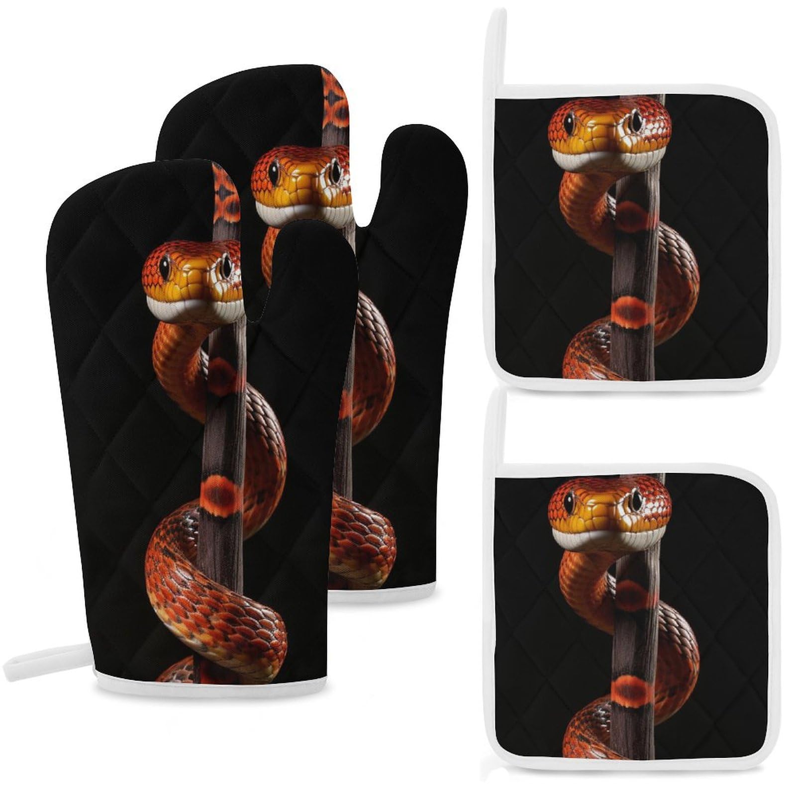 Maniques motif serpent orange pour sécuriser la cuisson au four et les repas