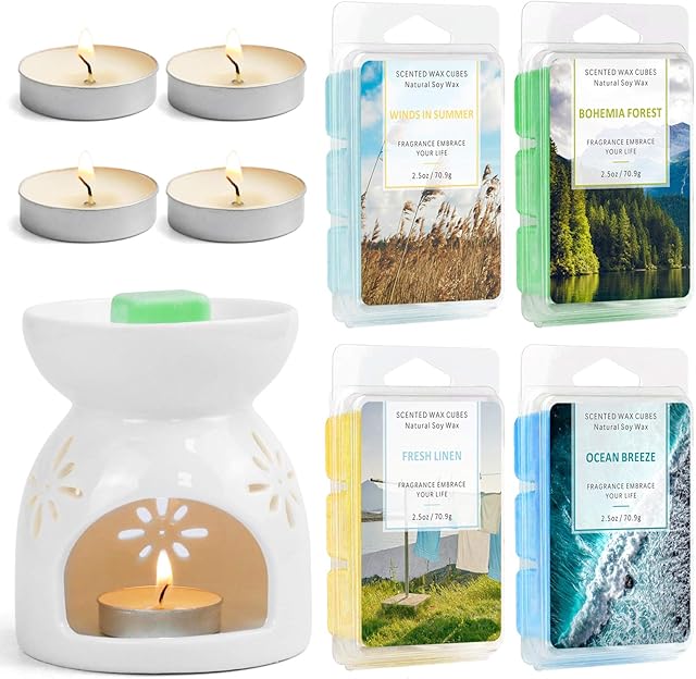 Oil Burners Ceramic Wax Melt Burners with 4 Scents Soy Wax Melts, Wax Tarts Warmer Melter Candle Scented Diffuser, Home Fragrance Gift, Office Bedroom