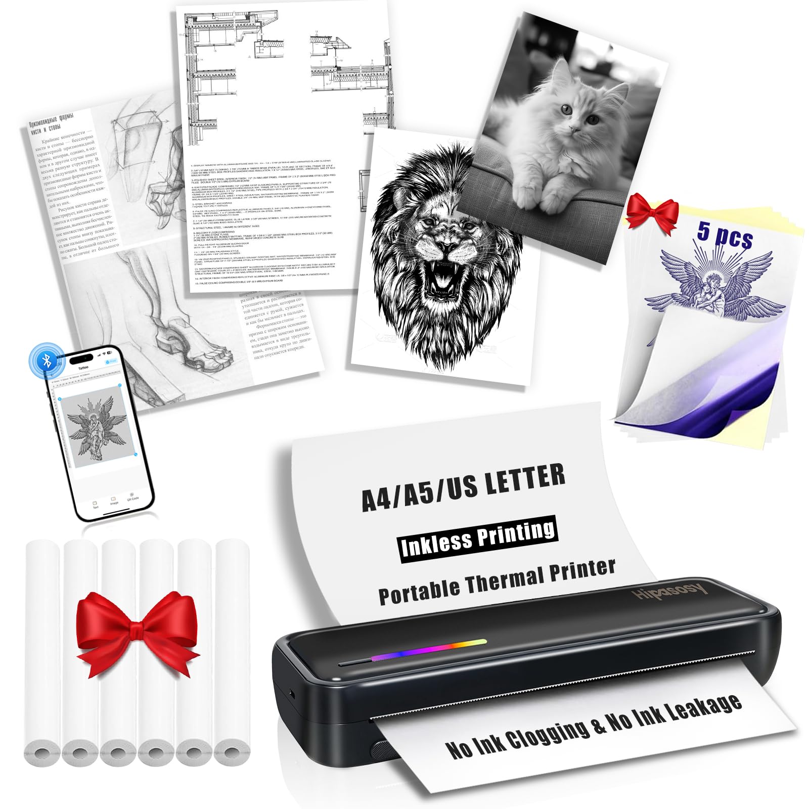 Portable Wireless Thermal Printer for Home &amp; Travel - Mini Bluetooth Inkless Printer Compatible with 8.5"x11" US Letter &amp; A4 Size- Works with iOS, Android &amp; Laptops - Ideal for Tattoos, Office(Black)