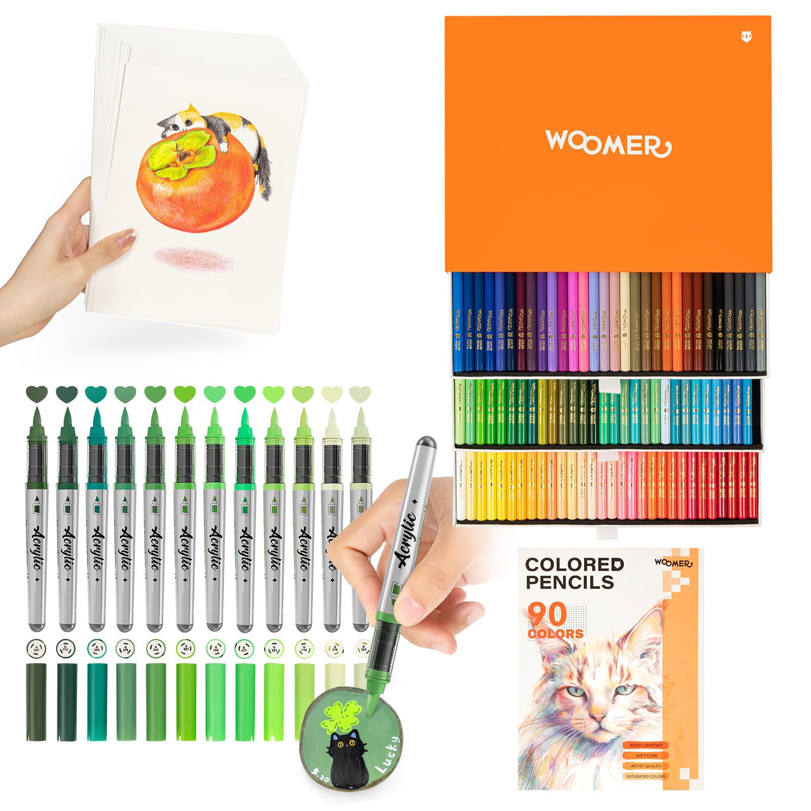 Woomer Acrylmarker Grüntöne 12 Farben & 90 Buntstifte mit Übungspapier
