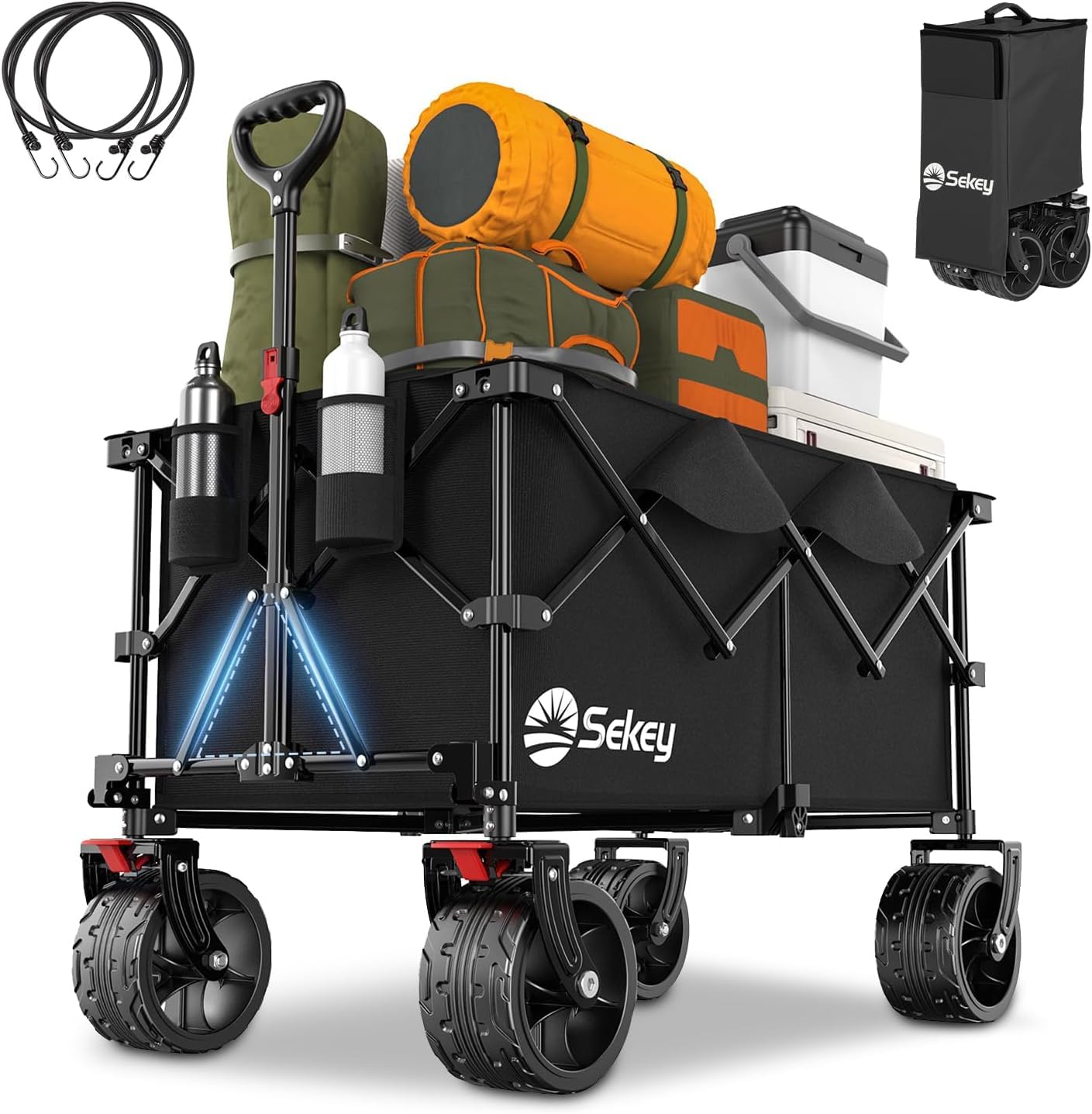 Sekey200L Folding Festival Trolley with All-Terrain Extra Wide Wheels and Brake, Heavy-Duty Cart Loadable up to 150KG, Patented Four-Directional Foldable Design, Wagon for Beach Camping Garden, Black