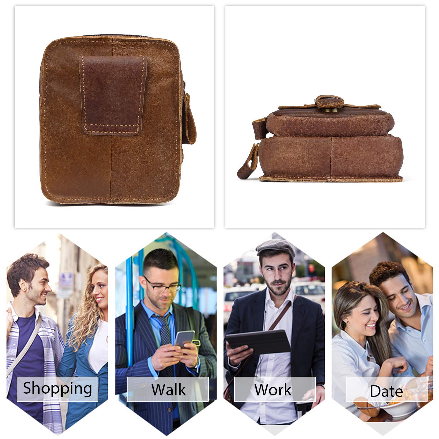 ADITAM Petit Taille Packs Hommes téléphone Taille Pochette en Cuir Fanny Pack étanche Voyage d'affaires Course à Pied Cyclisme Sport Ceinture Sac Marron Double The Comfort