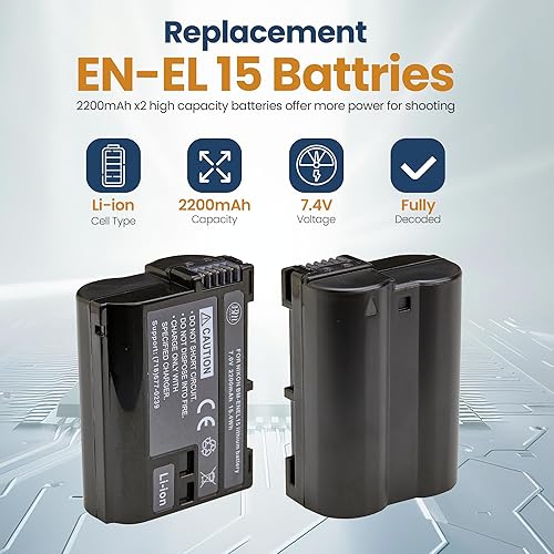 Miniatura 2 de BM Premium Paquete de 2 baterías EN-EL15B y cargador de batería dual para Nikon Z6, Z7, D780, D850, D7500, 1 V1, D500, D600, D610, D750, D800,