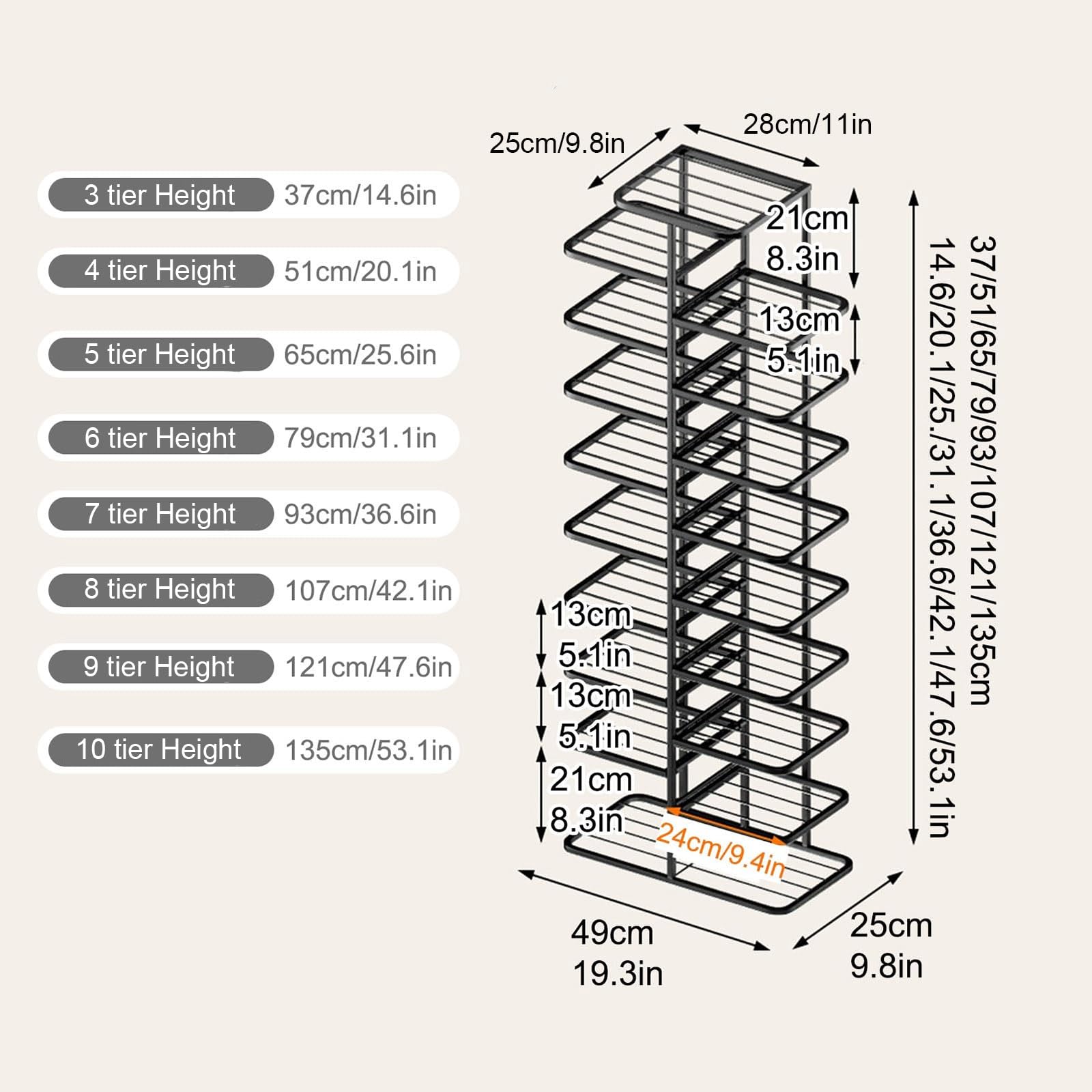 Gold Shoe Rack, 3-10 Tier Vertical Storage Tower, Ripiano a Doppia Fila in Metallo Stretto con Livelli Regolabili per l'armadio Entryway, organizzatore Sottile per Gli Stivali da Tacchi Sneakers