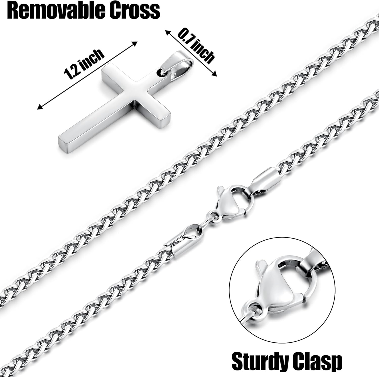 Fiusem Cross Necklace for Men, Silver Tone/Gold Plated/Black Mens Cross Necklaces with 2.5mm Chain, Stainless Steel Wheat Chain, 16-24 Inch - Image 4