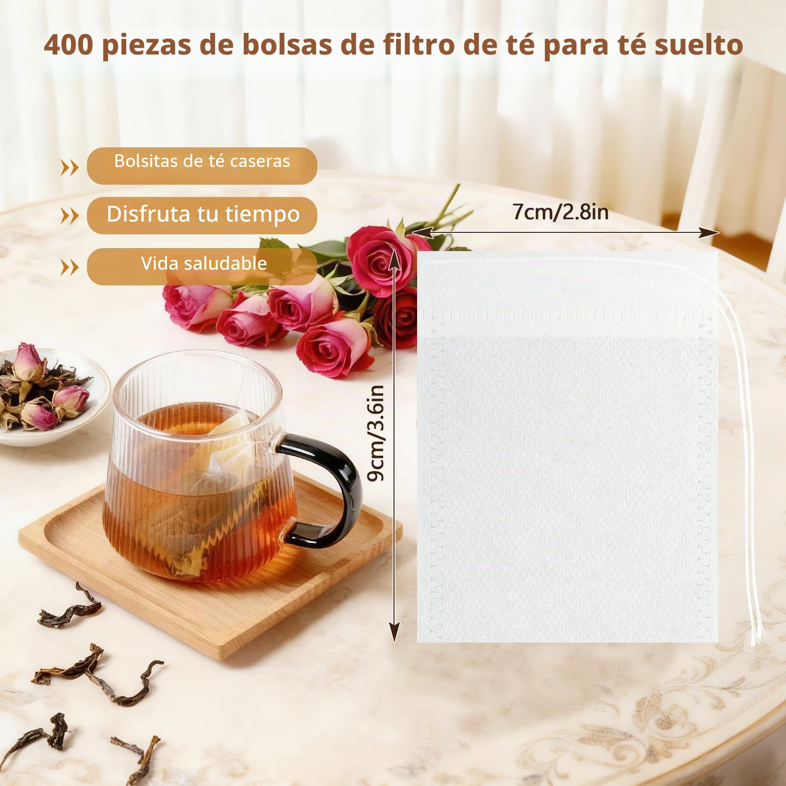 Vinabo 400 Piezas Filtros para Té, 7 x 9 cm Filtro Te, Bolsas Desechables de Filtro de Té Suelto,Infusor Te con Cordón, Bolsas de Te para Té Fragante, DIY Té, Especias, Vainilla, Lavanda, Café