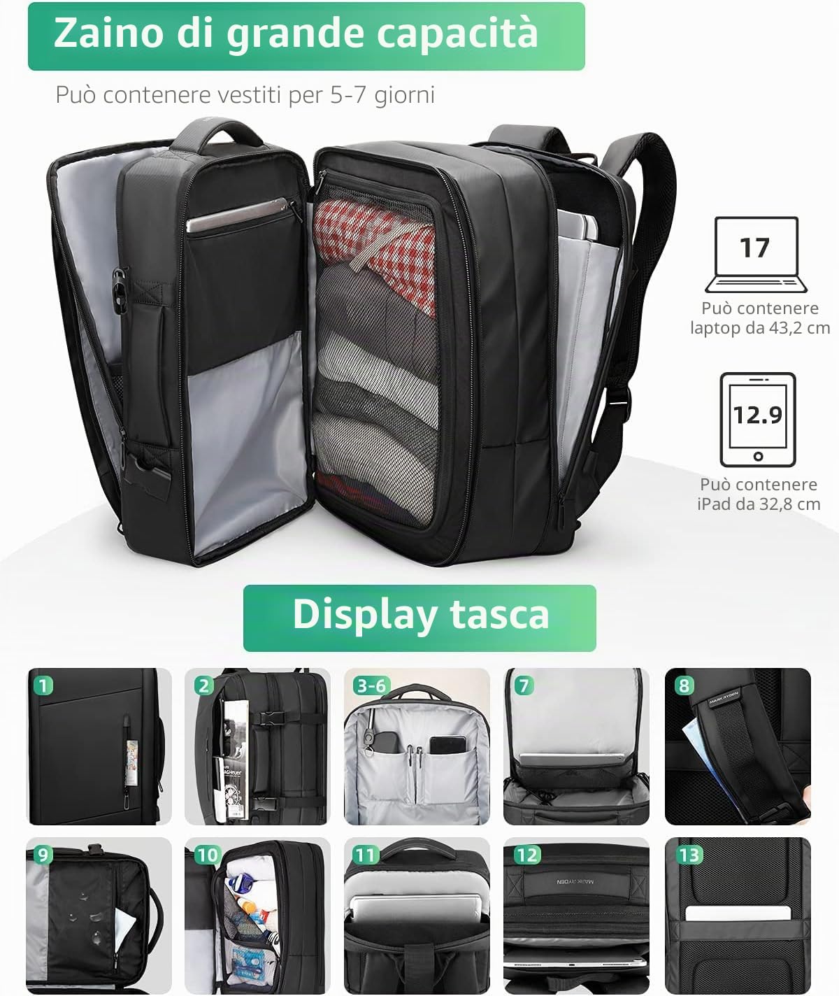 MARK RYDEN Zaino da Viaggio Bagaglio a Mano/da Cabina Portatile 23L / 40L Business, Borsa da Viaggio allungabile Leggera Omologata per Il Volo con Porta di Ricarica USB per Laptop da 17.3 Pollici …