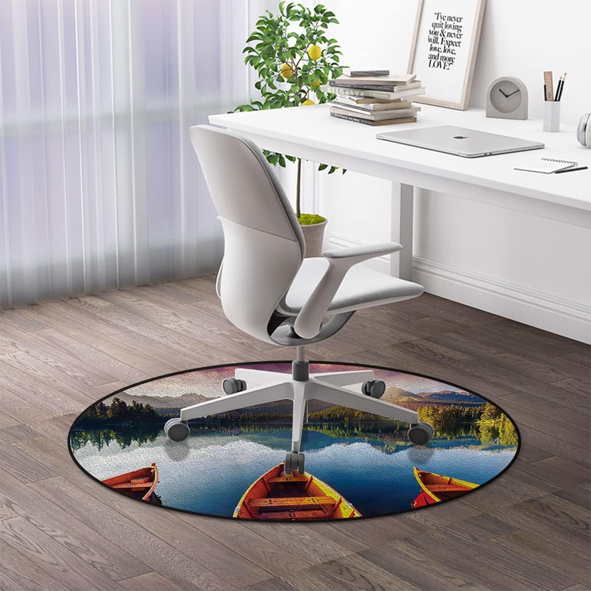 Orange Dimgray Under Computer Desk Floor Protector for Rolling Chairs Non Slip Anti Scratches Mountain Lake Dramatic Sky and Boats View Round Floor Mats for Office Chair Cottage Diameter 39 in