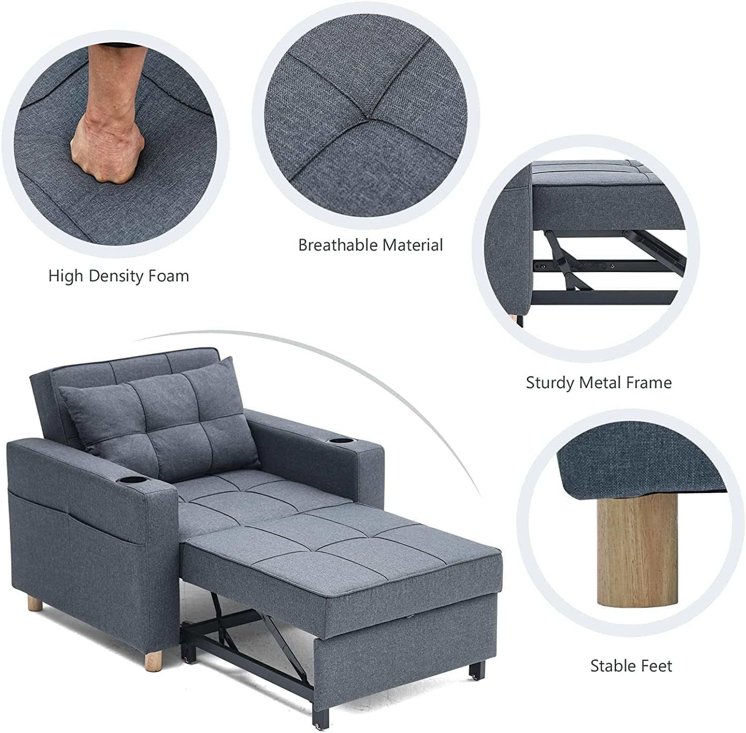 Esright Convertible Chair Bed 3-in-1, Sleeper Chair Bed, Multi-Functional Adjustable Recliner, Sofa, Bed, Single Bed Chair with Modern Linen Fabric, Gray Blue : Home & Kitchen