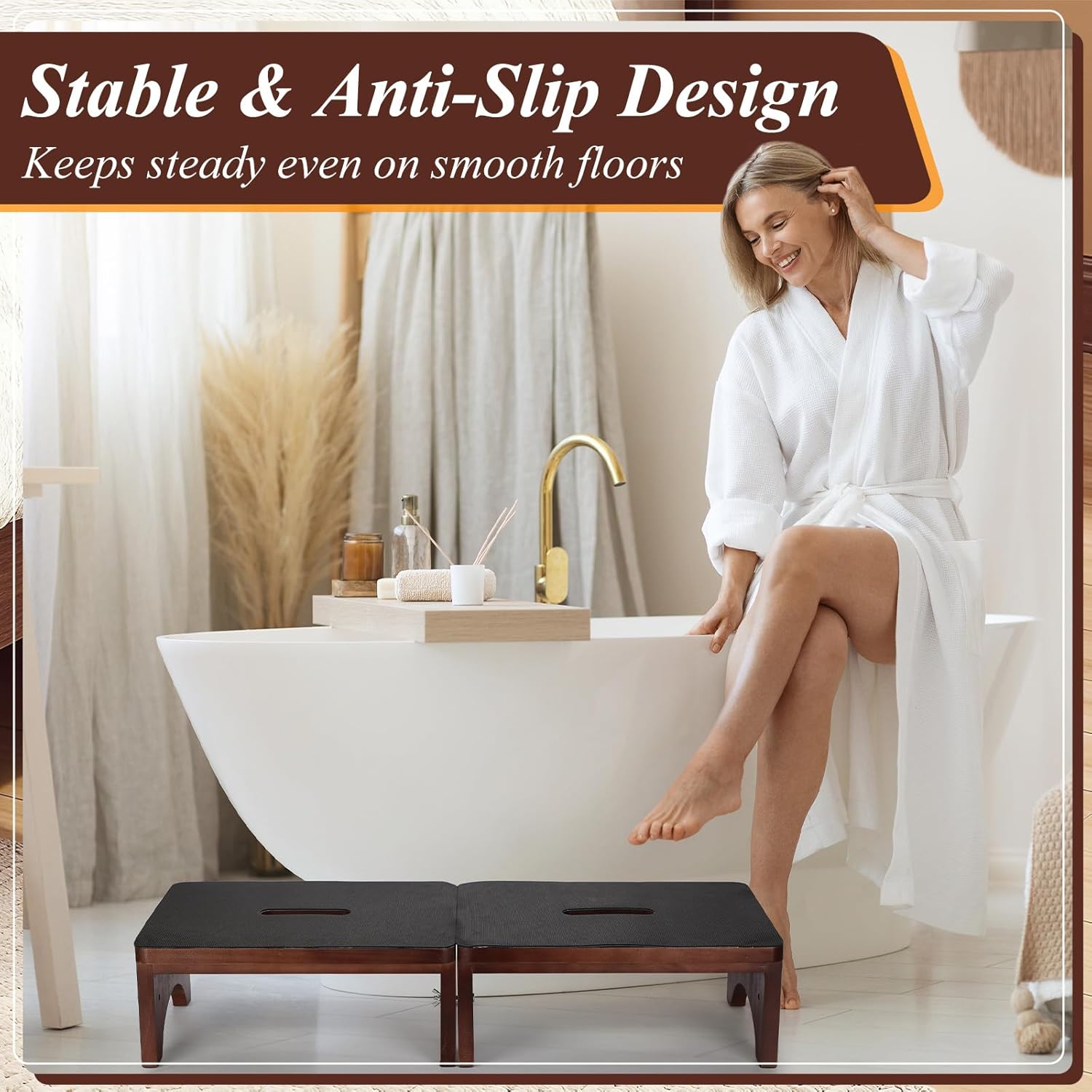 Extra Wide 31.4" Wooden Step Stool – 2 Pack One Step Stool for Adults Seniors 2-in-1 with Non-Slip Rubber Surface – Holds up to 500 Lbs for High Beds Bedroom Bathroom Kitchen Outdoor(6.5 Inch)