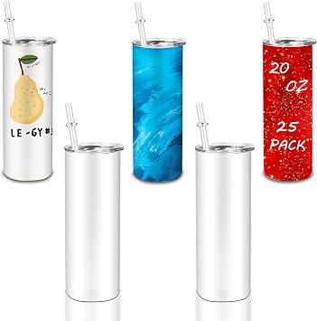 25 Pack Sublimation Tumblers 20 oz Skinny Straight - Stainless Steel 20 oz Sublimation Tumbler Blank with Lids and Plastic Straws,Double Wall Insulated White Sublimation Cups for DIY Gifts