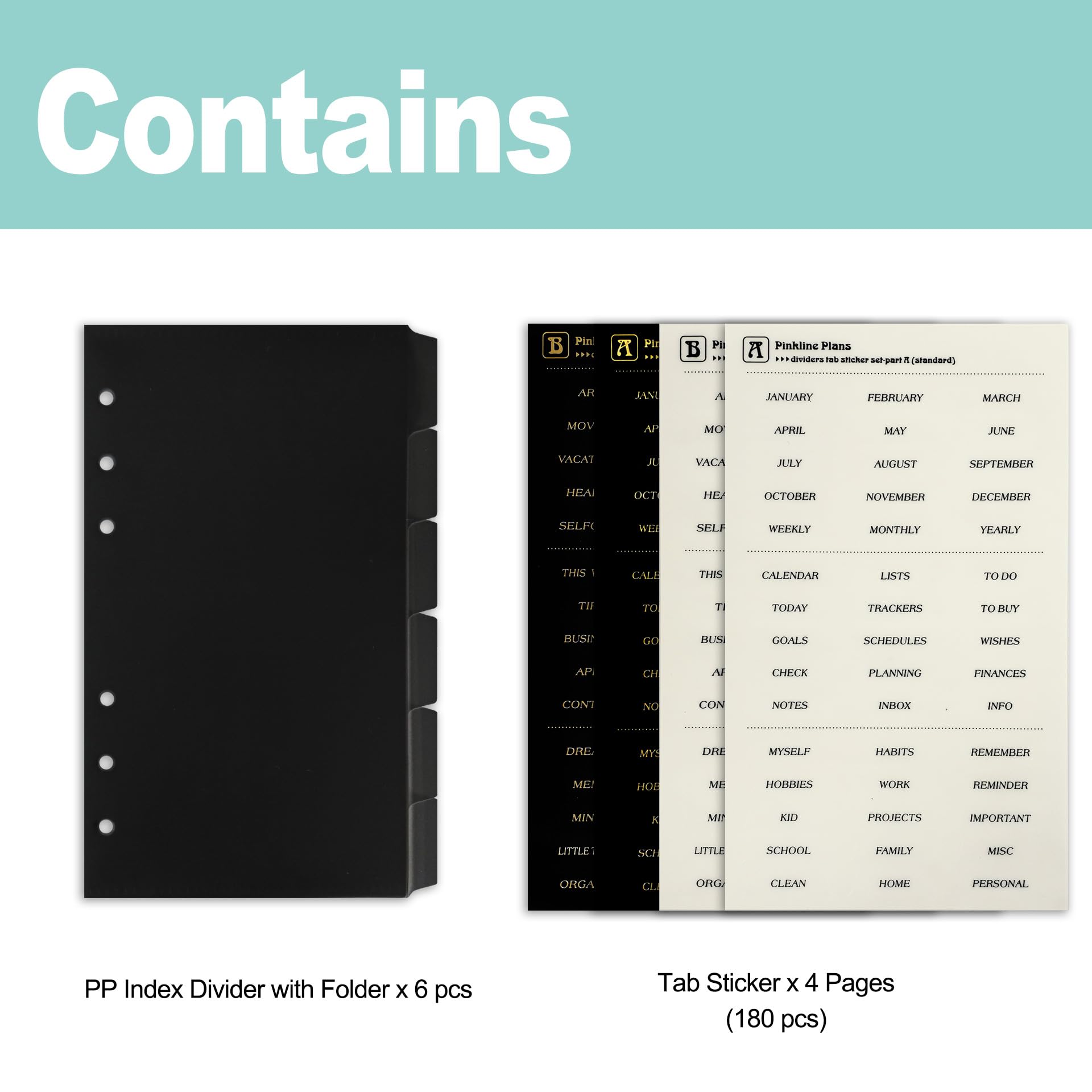 Zelten PP Binder Index Dividers with Folder & 4 Sheets Tab Stickers for Personal Organizer (PP Black 6-Folder Tab, A6/6 Hole) - Image 2