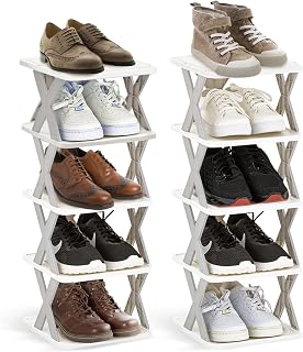 ikloo 10 Tier Plastic Shoe Rack for Closet, Adjustable Small Shoe Rack Organizer Without Assembly Tools, Portable & Stackable Shelf for Entryway, Bedroom, Cubbies for Extra Storage, White