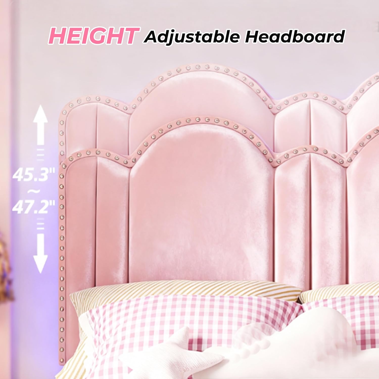 EnHomee Queen Bed Frame with Headboard and LED Lights, Velvet Pink Queen Size Bed Framewith Wooden Slats, Noise Free, No Box Spring Needed