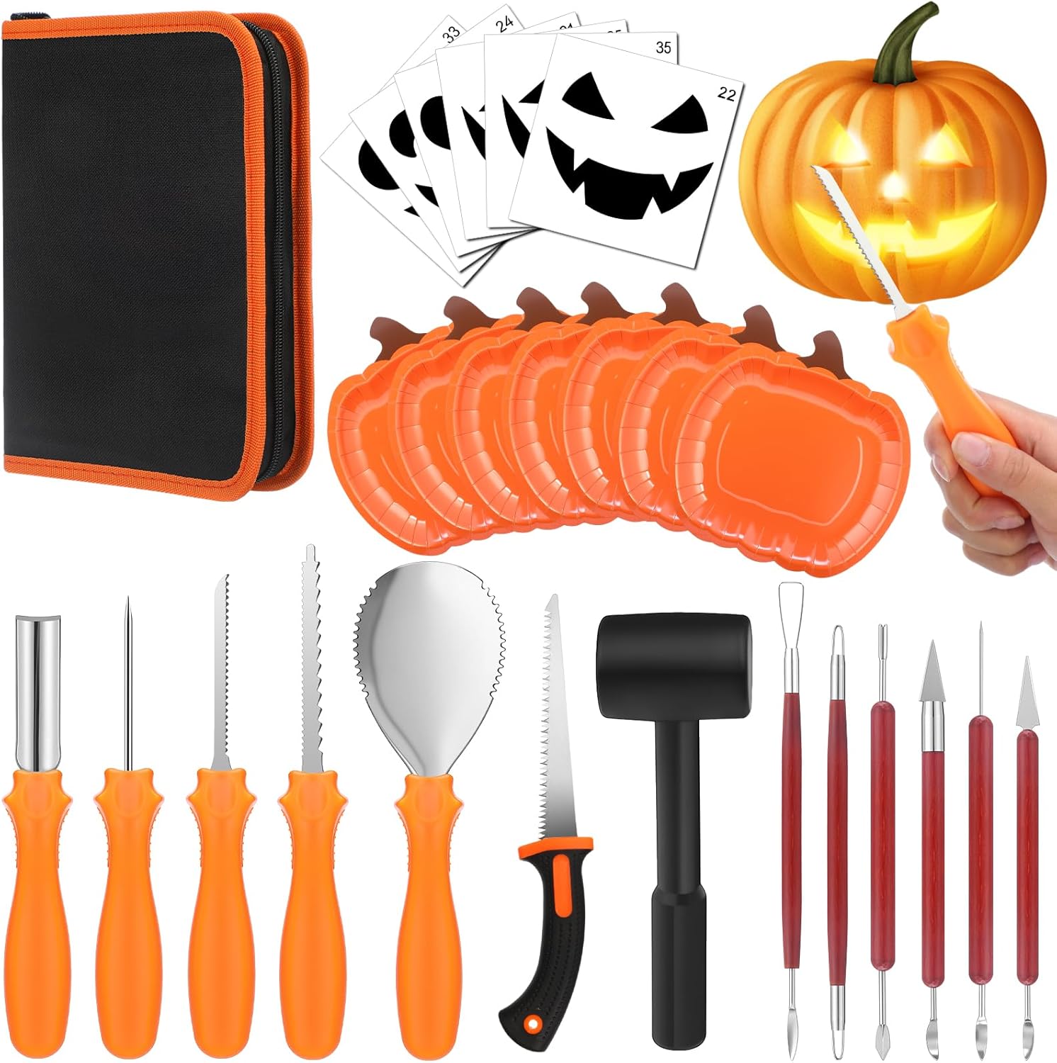 43 PCS Halloween Pumpkin Carving Kit,11 PCS Professional Heavy Duty Stainless Steel Pumpkin Carving Tools with Carrying Case and 20 Pumpkins Stencils and 10 Plates for Halloween Decoration