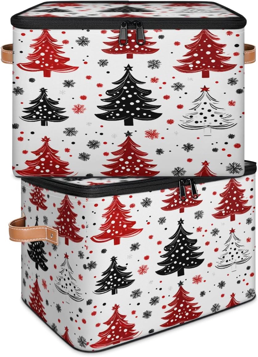 Storage Bin Set of 2 Winter Xmas Trees Storage Basket with Zipper Lid & Handle Foldable Closet Shelf 2 Pack Cloth Organizer Basket Cube Bins for Bedroom, Nursery