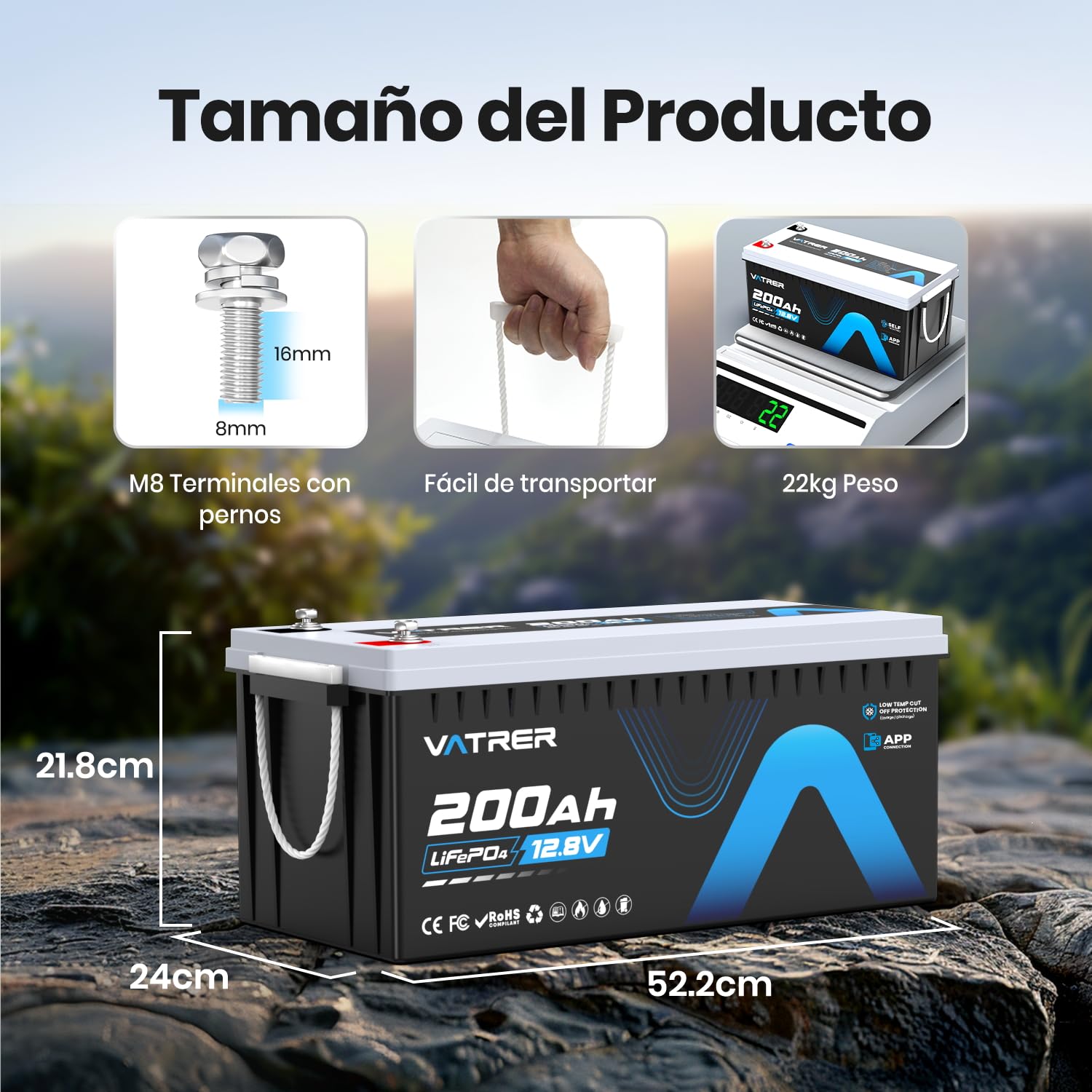VATRER POWER Batería LiFePO4 12V 200Ah con Bluetooth y BMS 200A | Bluetooth, 2560W, más de 5000 ciclos, batería de ciclo profundo ideal para autocaravanas, barcos y sistemas solares