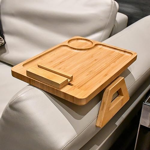 Bandeja de brazo de sofá con clip para sofá, mesa de bandeja de TV con soporte giratorio de 360, mesa auxiliar de bambú sólido para sofás anchos,