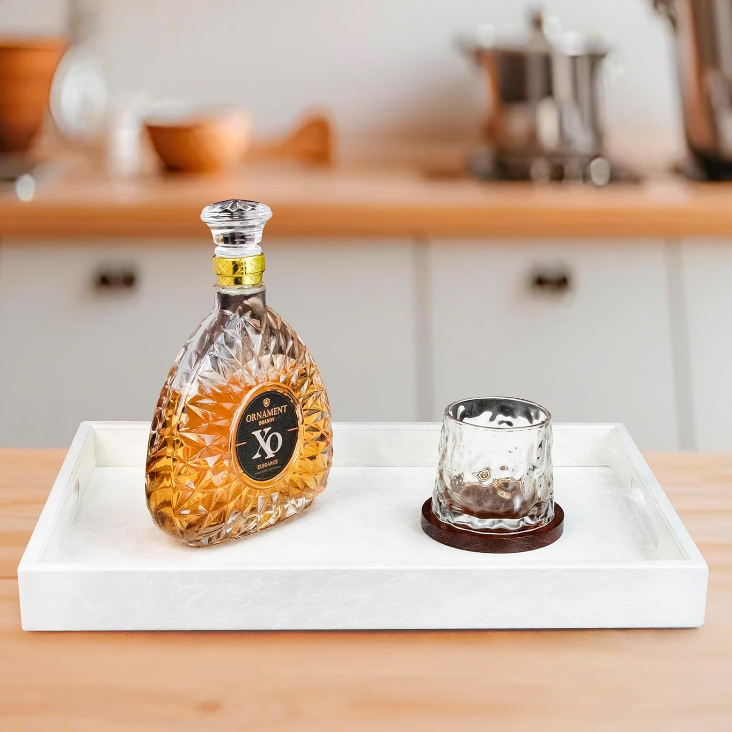 18 * 12 inches Leather Rectangle Serving Tray with Hole Handles,High-End Light Large Service Tray for Ottoman Tray, Tea, Food, Butler - Countertop, Kitchen,Family Dinner, Picnic(White)