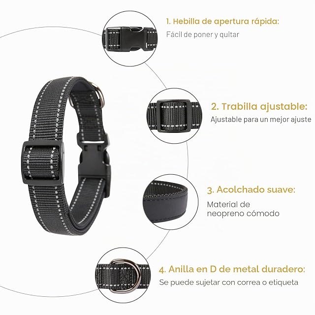 Foto 3 de 7 de HEELE Collar Perro, Collar Nylon Reflectante Neopreno Forrado Ajustable para Perro Pequeño, Negro, S
