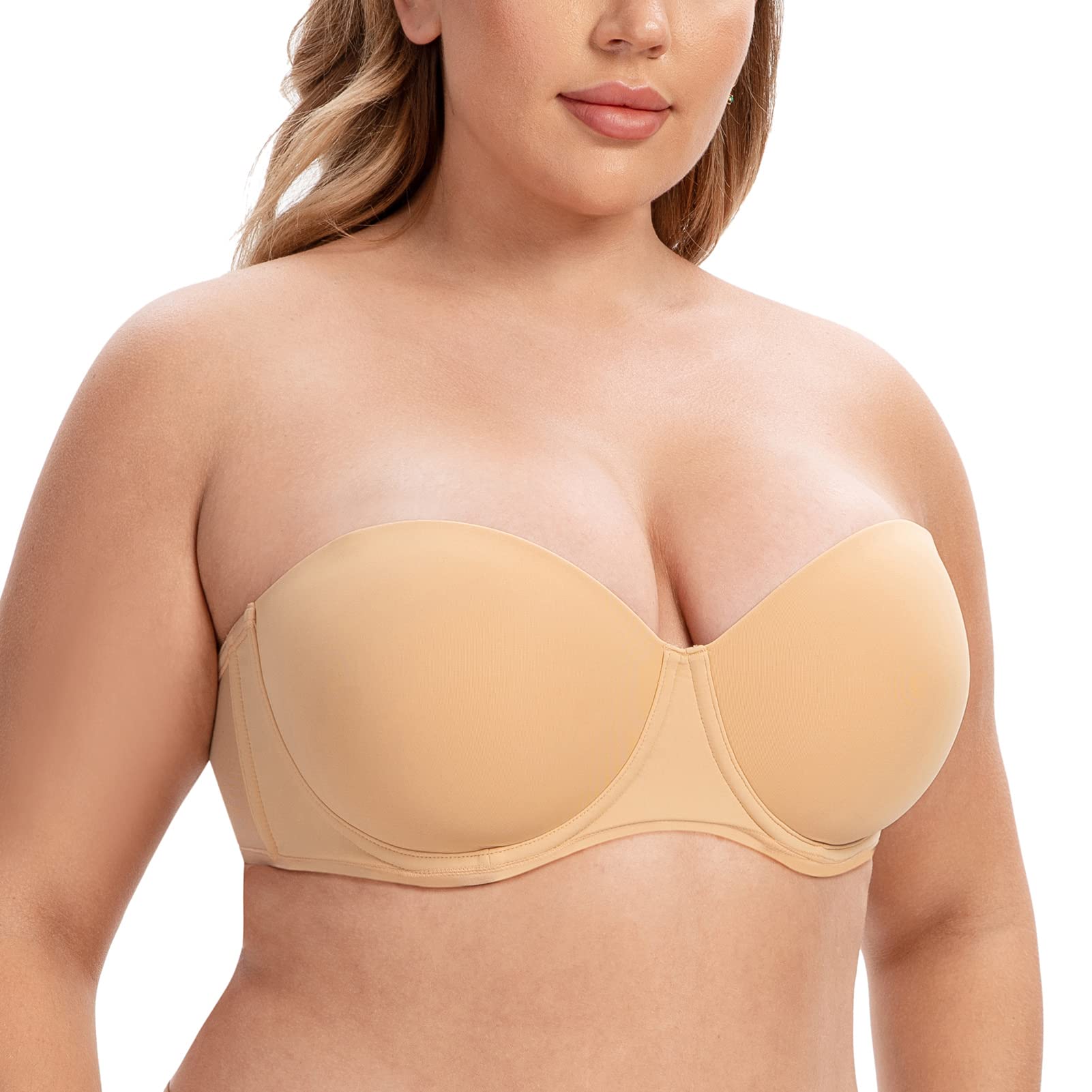CASOLACE Women's Back Smoothing Plus Size Underwire Bandeau Strapless Bra Sunkiss 42C