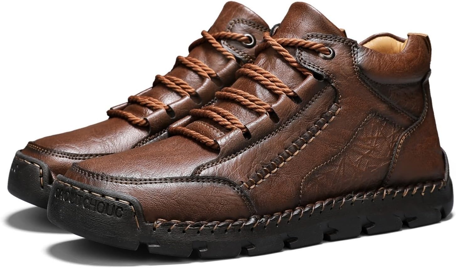 Men's Vintage Hand Stitched Leather Chukka Boots Classic Casual Lace-Up Round Toe High Top Ankle Boots Comfortable Lightweight Non-Slip Breathable for Daily Commute Walking Driving Outdoors