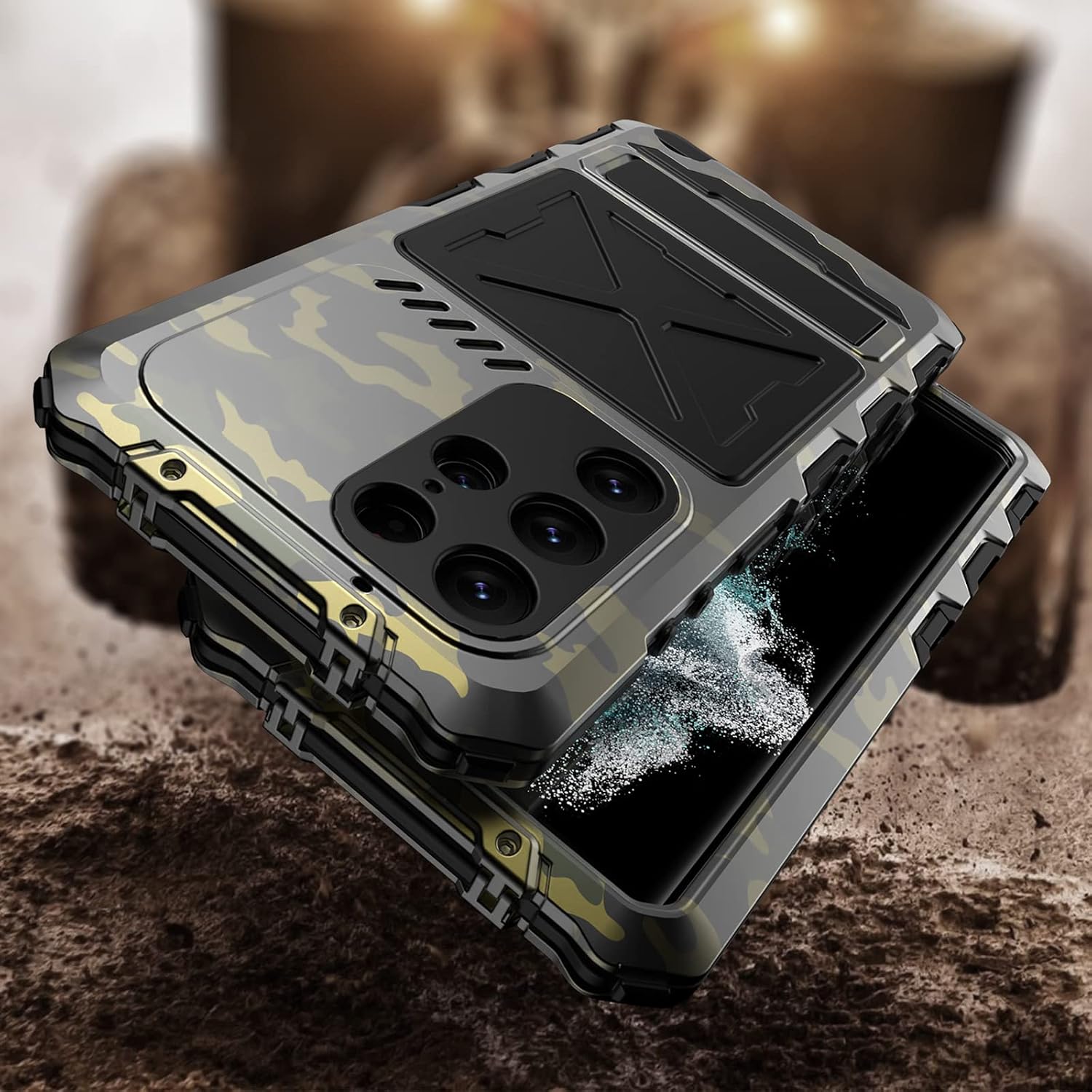 Galaxy S23 Ultra Case, Rugged Shockproof Full Body Cover Built-in Stand Tempered Glass, Heavy Duty Military Protection Metal Bumper Case for Samsung Galaxy S23 Ultra 5G Men Women Camouflage