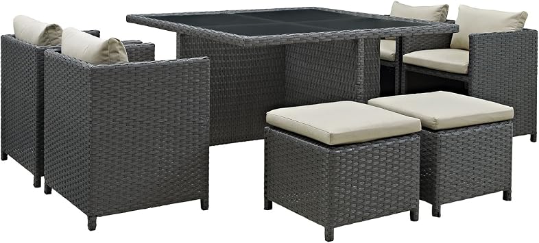 Modway Sojourn Wicker Rattan Outdoor Patio Sunbrella Fabric, 9-pc Dining Set in Antique Canvas Beige