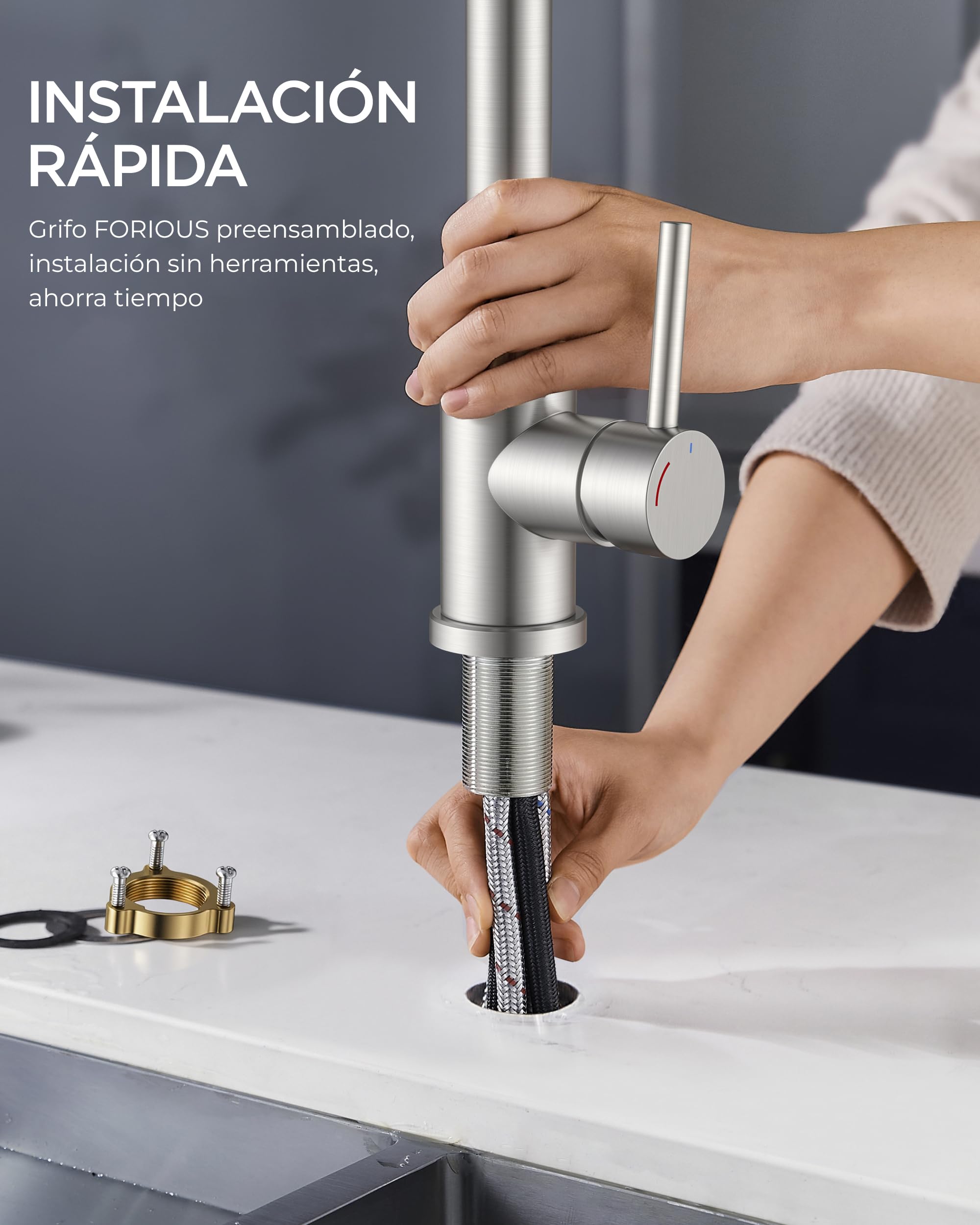 FORIOUS Grifo Cocina Extraíble Baja Presión, 2 Modos de Agua, Grifo Cocina Fregadero con 3 Conexiones para Calentador o Bajo Fregadero, Giro 360°, Acero Inoxidable, Palanca