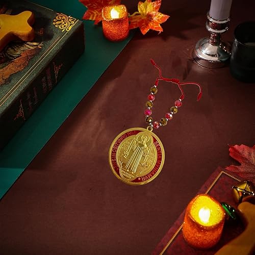 Miniatura 4 de BONITTER Medalla de San Benito chapada en oro, 2 piezas de dijes de bendición católica para colgar en el automóvil, medalla de San Benito, rosario