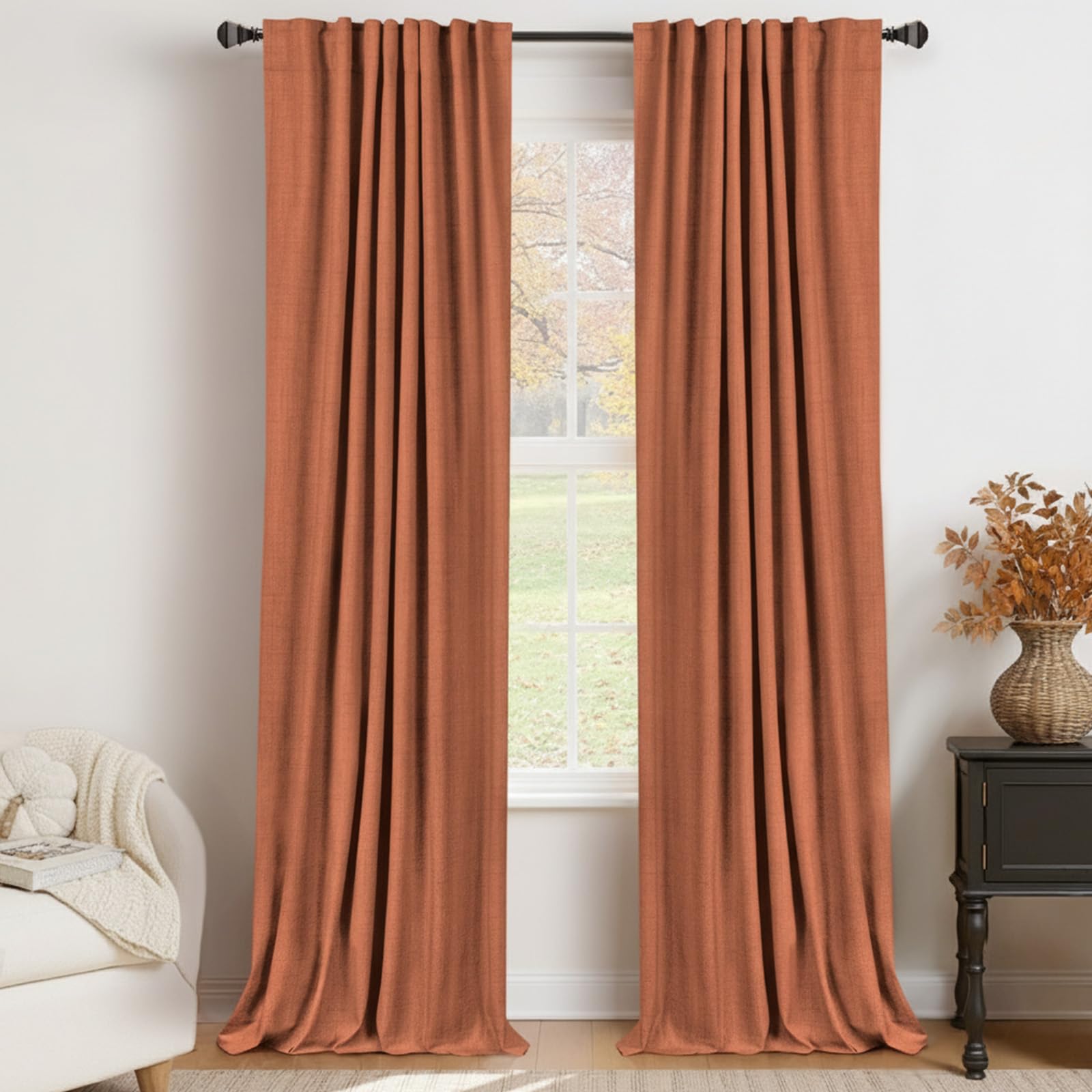 100% Blackout Shield Linen Blackout Curtains for Bedroom 96 Inches Long, Back Tab/Rod Pocket Living Room Drapes, Thermal Insulated Blackout Curtains 2 Panels Set, 50" W x 96" L, Burnt Orange — image 1
