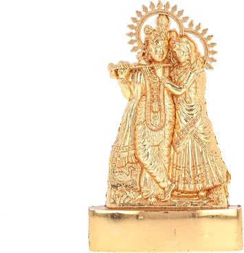 Radha Krishna Statue Murti Golden Metal Small Radha Krishna Hindu Indian God Goddess for Car Dashboard Home Office Desk Mandir Temple Pooja D cor Diwali Wedding Gift 5 Inch