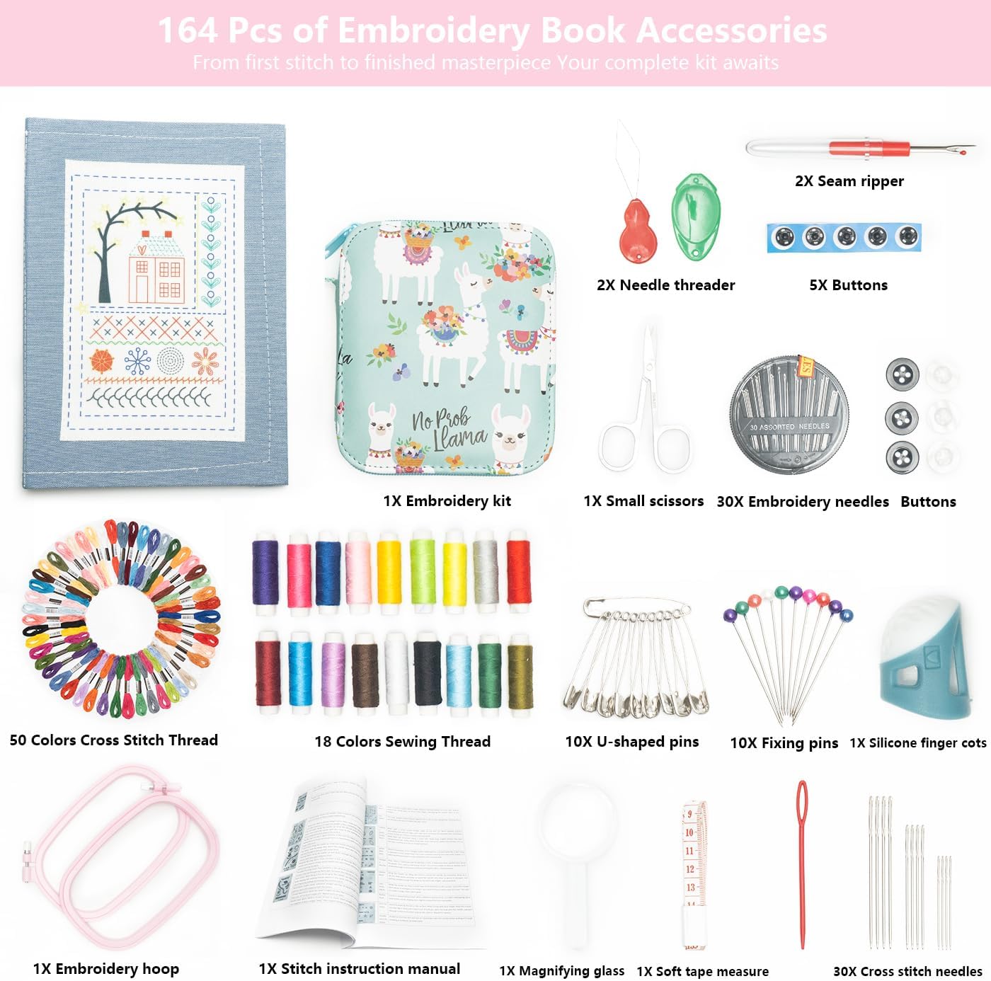 QEONZAR 2026 Upgraded Embroidery Stitch Book Kit – 164 PCS Hardcover Kit for Beginners, Step-by-Step Tutorials, Large 11"x7.5", Sewing Pack, Threads, Needles & Hoop – Ideal Craft Kits for DIY Lovers