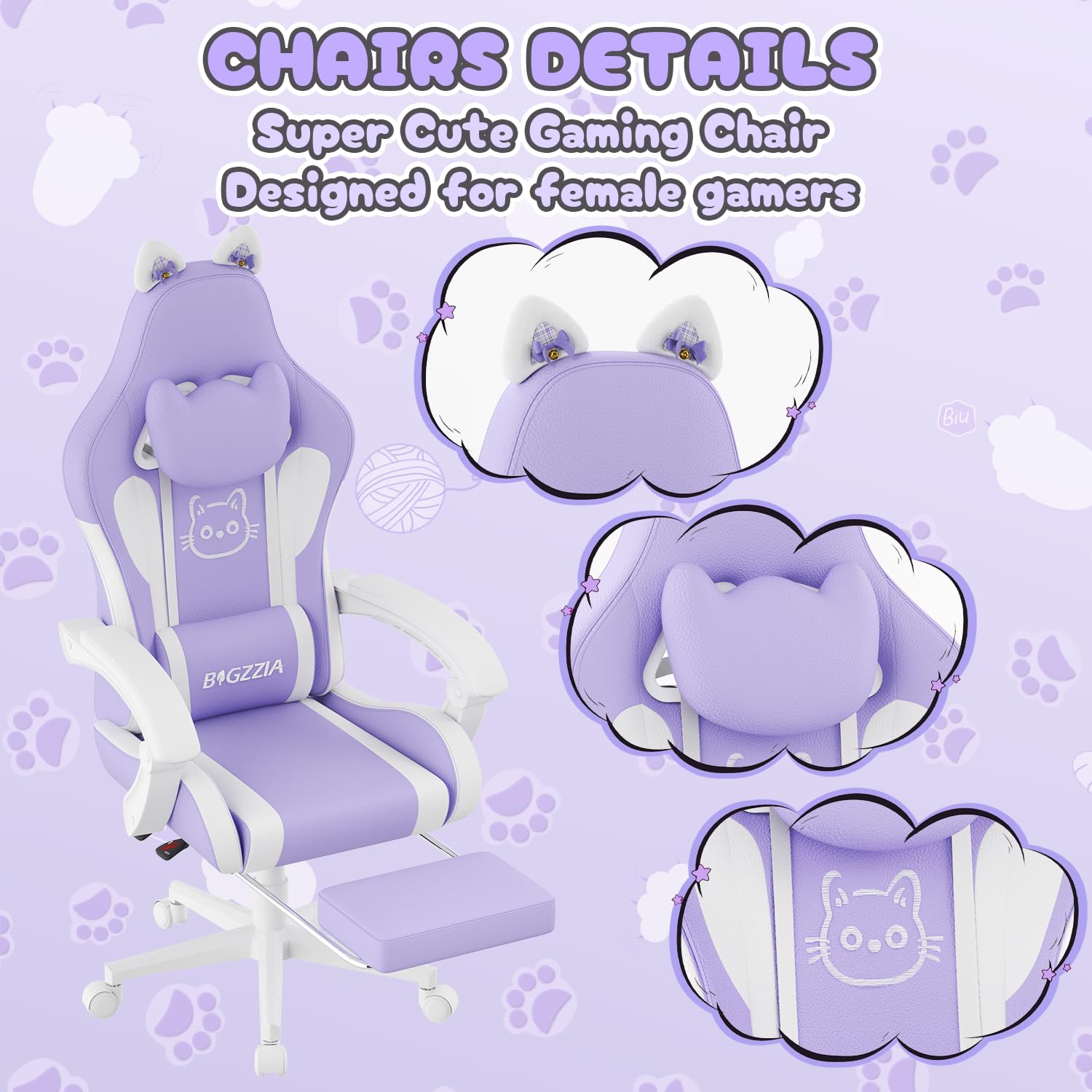 bigzzia Chaise de Gaming Ergonomique avec Oreilles de Chat pour Filles et Adultes, Chaise de Jeu d'ordinateur réglable en Hauteur avec Appui-tête et Support Lombaire de Massage (Violet et Blanc)