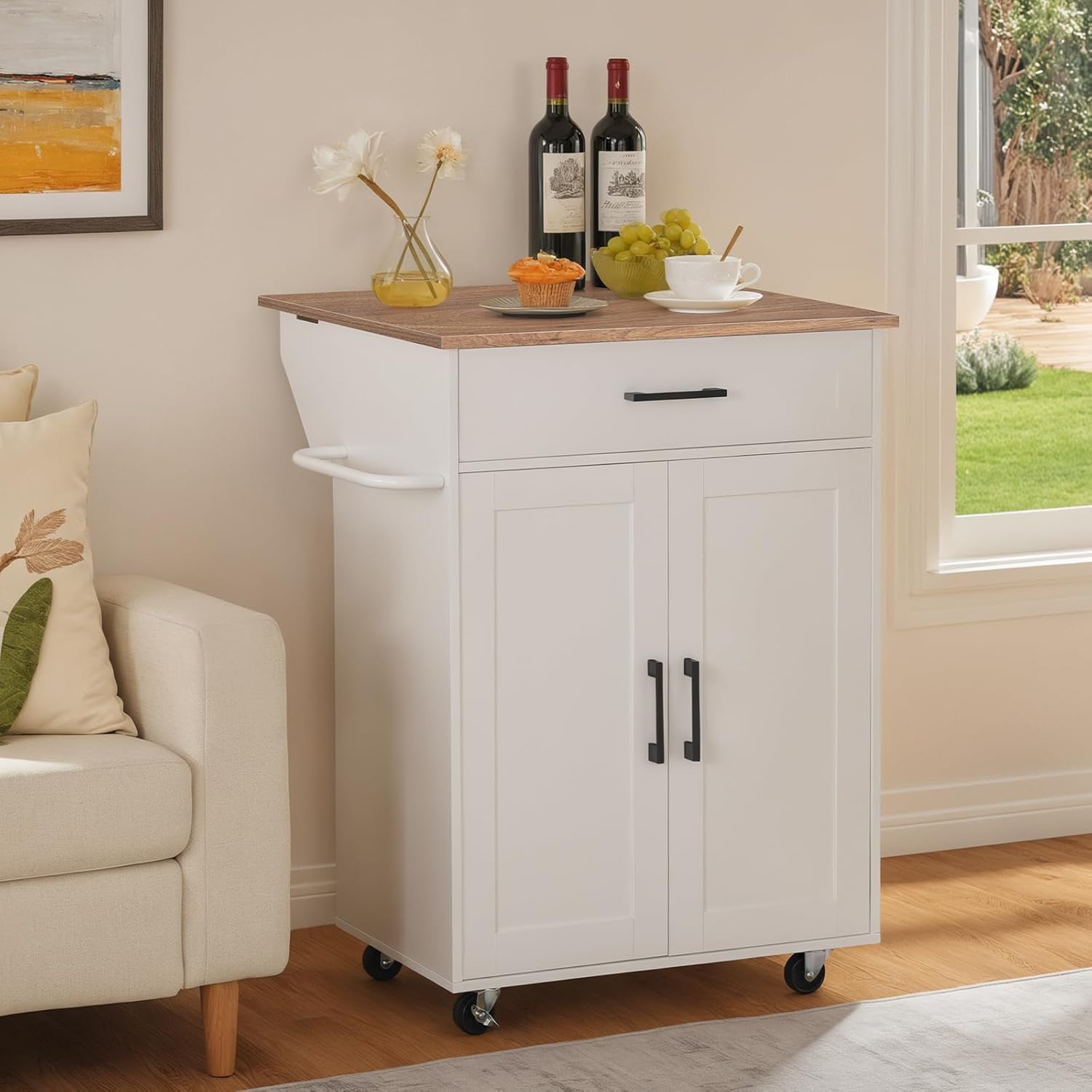 Folding Countertop Kitchen Island Cart and 4-Tier Rotating Bookshelf Bundle, Kitchen Island Table with Towel Rack, Spinning Bookshelf Tower, for Living Room, Study, KIBZ12501-BKWT6401