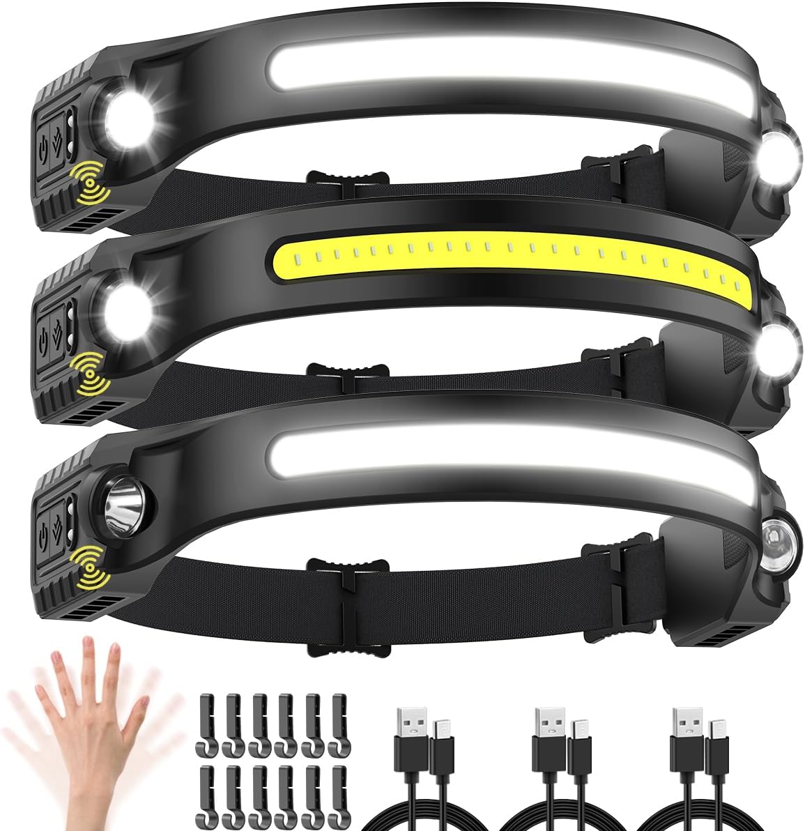 3-Pack Rechargeable LED Headlamps with Motion Sensor & 230° Beam 3-Pack Rechargeable LED Headlamps with Motion Sensor & 230° Beam