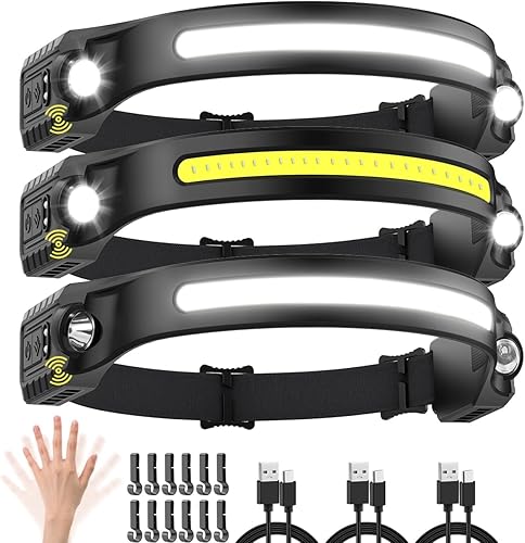 Miniatura 7 de Linterna frontal recargable paquete de 3 faros delanteros LED con sensor de movimiento lámpara de cabeza de haz ancho COB de 230 luces de cabeza de