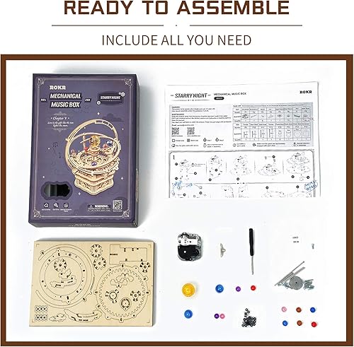 Miniatura 8 de ROKR Rompecabezas de madera 3D giratorios modelo de bricolaje caja de música mecánica de noche estrellada kit de construcción de modelos educativos
