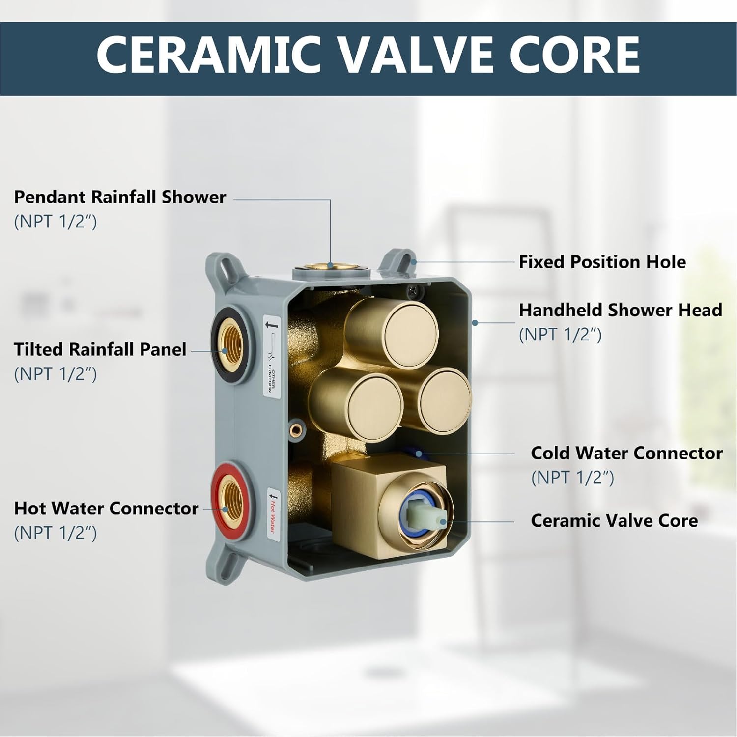 Aolemi Shower Faucet Set Ceiling Mount Shower System Rough-in Valve and Shower Trim Kit 2 in 1 Handheld Spray Push Button Diverter 10 and 6 Inch Dual Shower Head Brushed Gold - Image 7