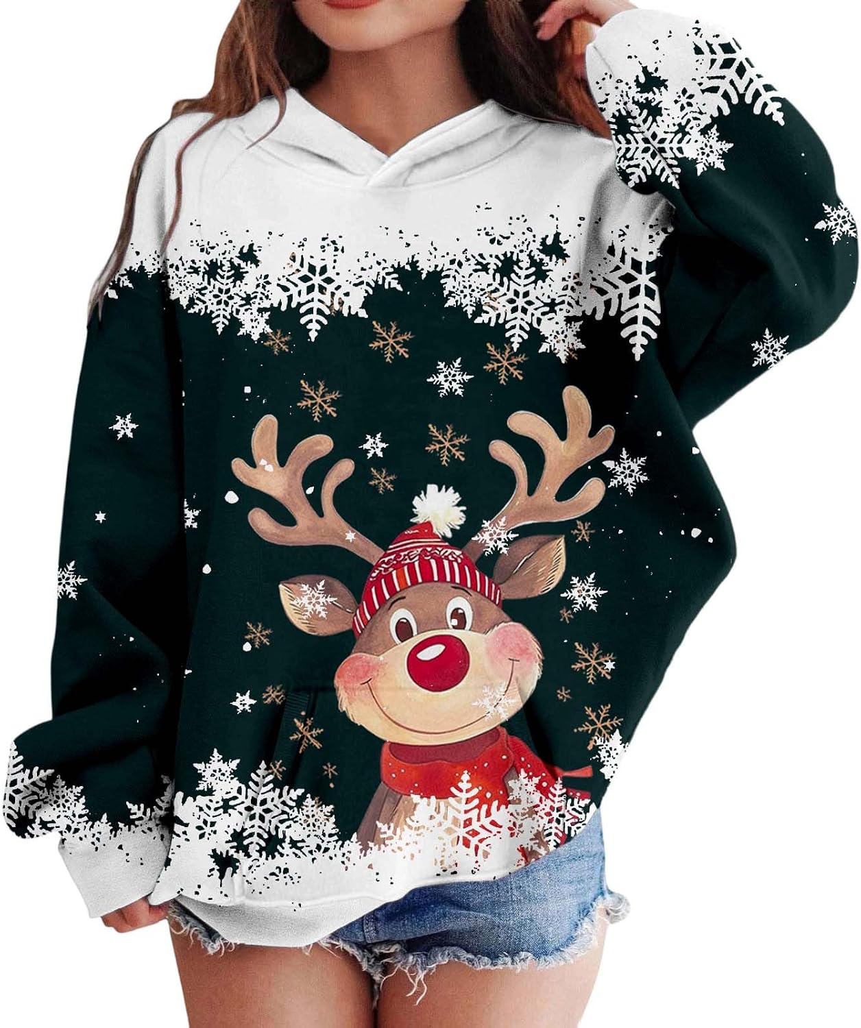 Girl Hoodies Long Sleeve Christmas Print Hooded Sweatshirts Unisex Youth Trendy Top Xmas Festive Holiday Wear With Pocket