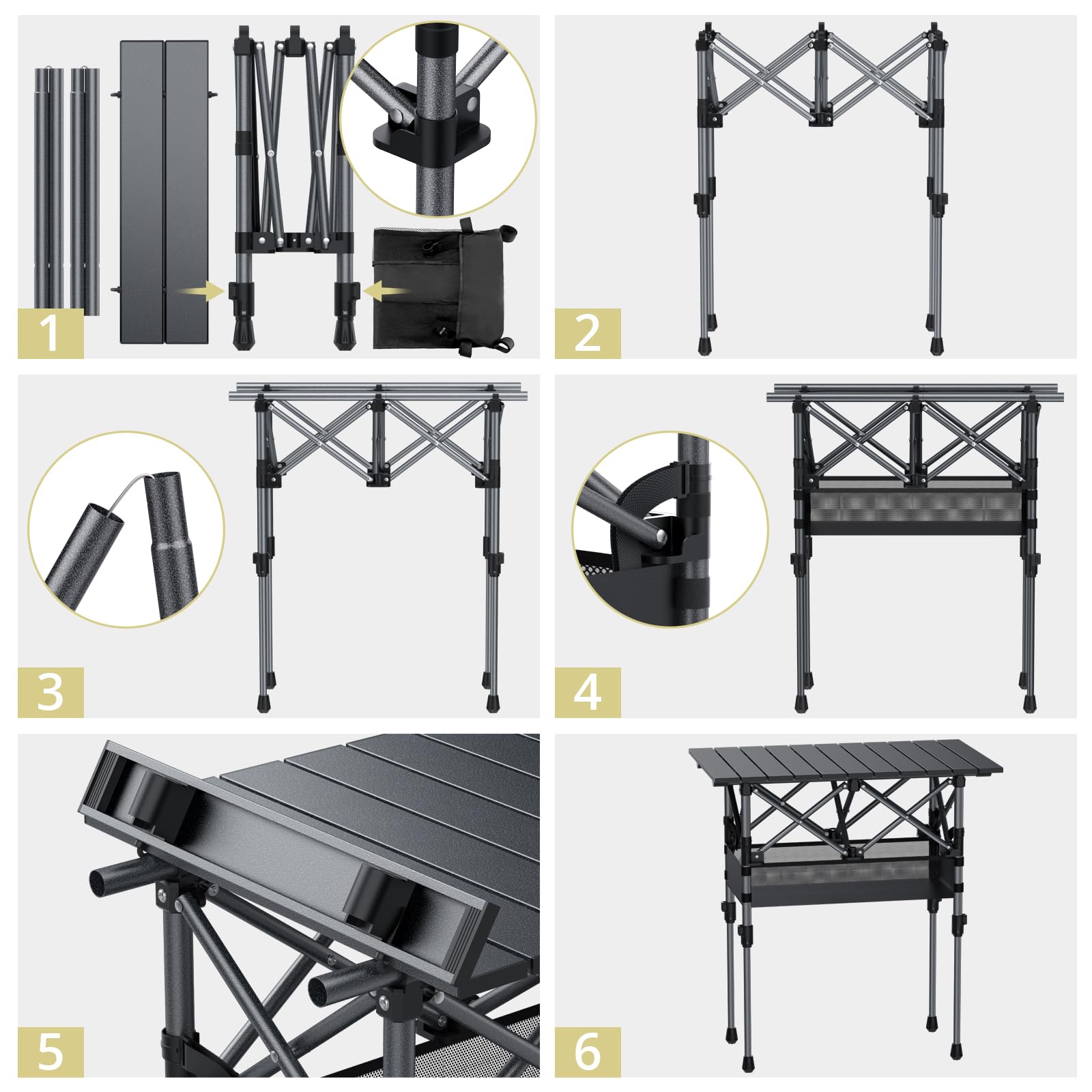 Anbte Table de Camping 64 cm Pliable, 2 Hauteurs Réglables, Aluminium avec Panier de Rangement et Sac, Étanche, Légère 64 x 40 cm, pour Barbecue, Pique-Nique, Voyage Extérieur, Noire