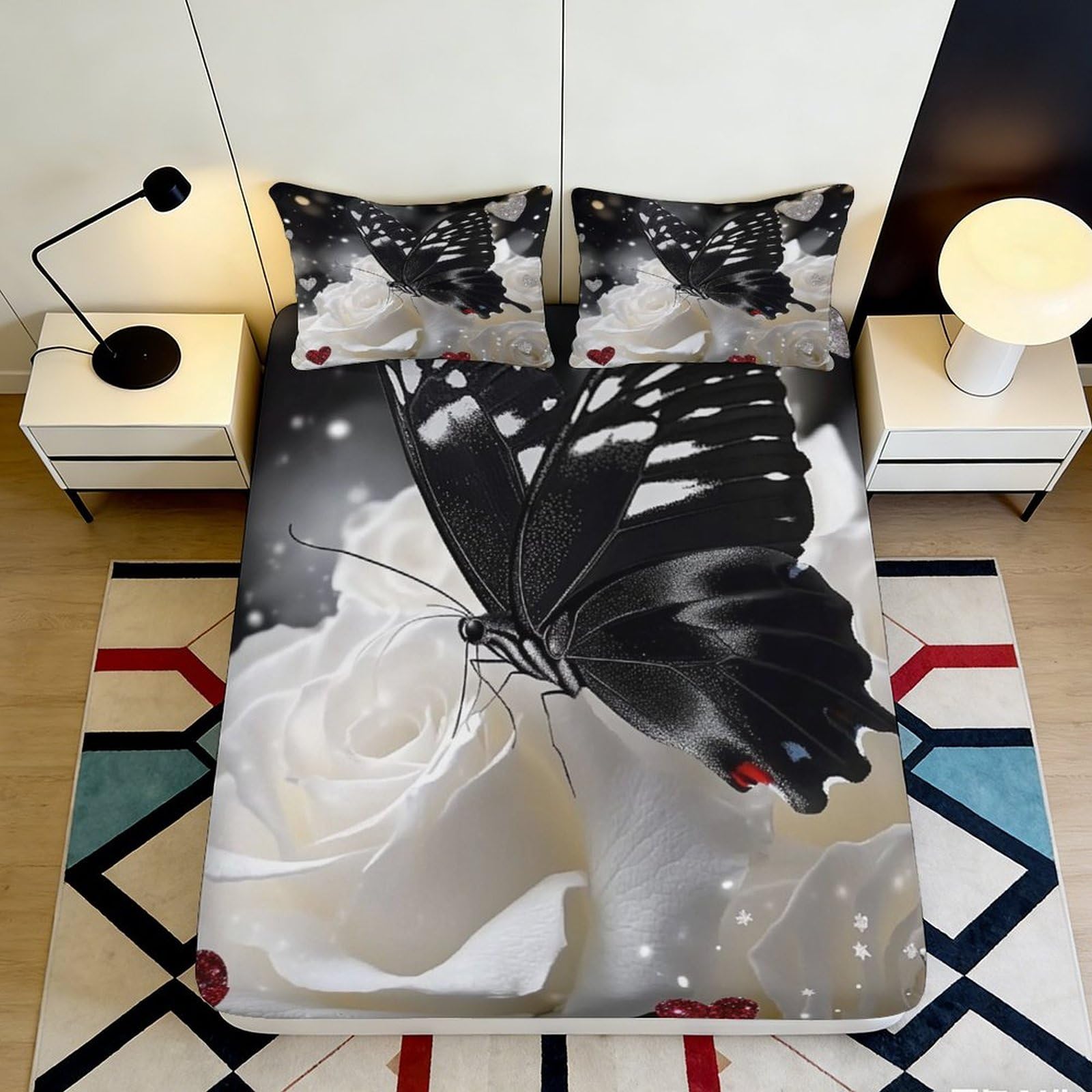 Decorative 3D Printed Butterfly Fitted Sheet, Microfiber Soft Touch, Black White Rose, Bedroom Bed Cover, Guest Room Bedding, Easy Care, 120x200cm 90x200x25cm