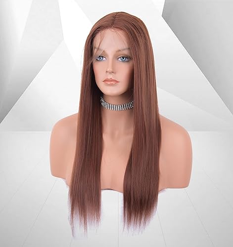 Miniatura 3 de EALGA EALGA-021 - Peluca de cabello castaño rojizo con encaje frontal para mujer, peluca de cabello lacio marrón claro con abuelitos, sin pegamento,