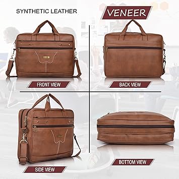 Veneer Men's 15.6 Inch Waterproof Synthetic Leather Computer Laptop Messenger Bag Briefcase Satchel Shoulder Bag (Tan, Large)