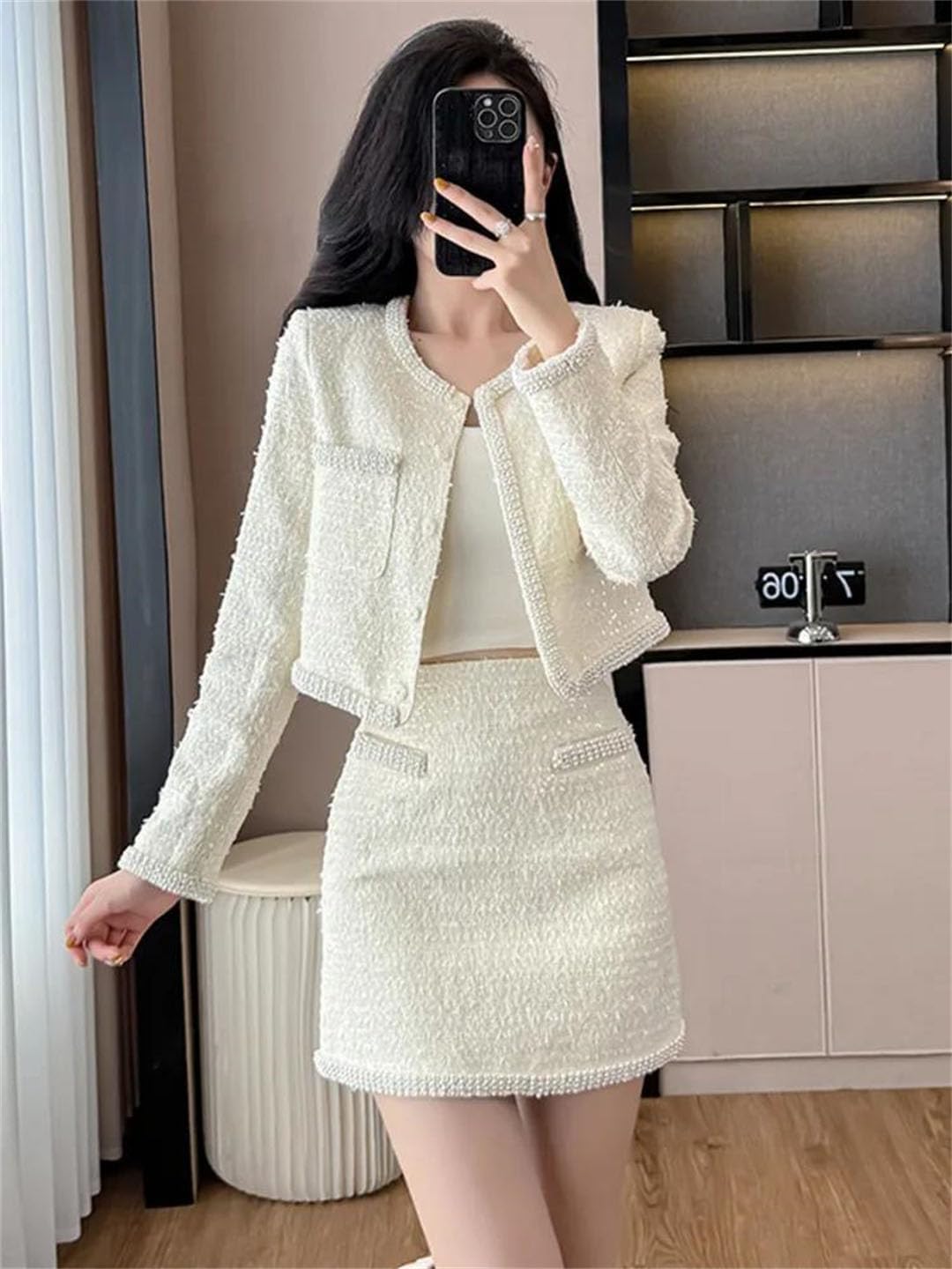 Women Tweed Two Piece Set Beaded Jacket Short Skirt Casual Outfit